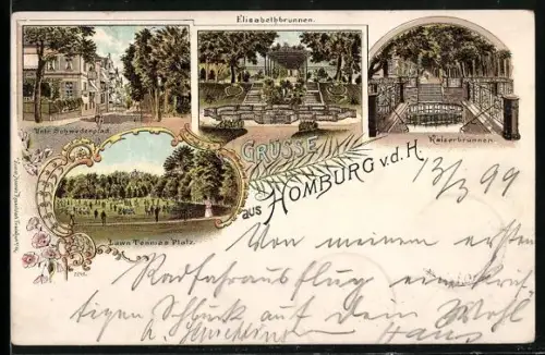 Lithographie Homburg / Höhe, Unterer Schwedenpfad, Elisabethbrunnen, Kaiserbrunnen, Lawn Tennis Platz