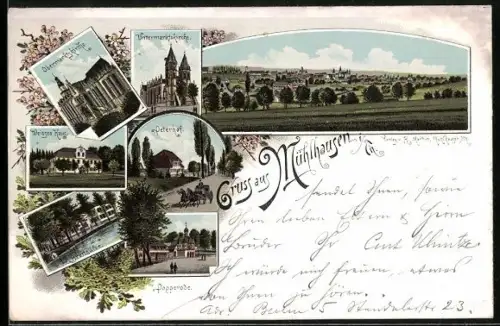 Lithographie Mühlhausen /Th., Ortspanorama, Weisses Haus, Popperode
