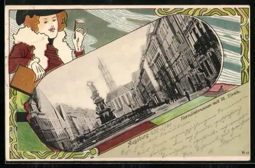 Passepartout-Lithographie Augsburg, Herculesbrunnen mit St. Ulrich Kirche