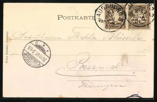 Passepartout-Lithographie Augsburg, Herculesbrunnen mit St. Ulrich Kirche