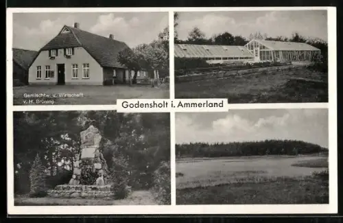AK Godensholt i. Ammerland, Gemischwarenhandlung und Gasthaus v. H. Brüning, Gewächshaus, Denkmal