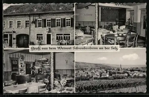 AK Schwabenheim, Panorama & Gasthaus Krone mit Speiseraum