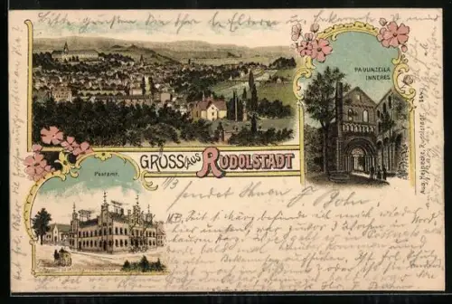 Lithographie Rudolstadt, Teilansicht, Paulinzella Inneres, Postamt