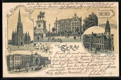 Lithographie Gera, Hauptbahnhof, Hauptpostamt, Zabel'sche höhere Töchterschule, Kirche