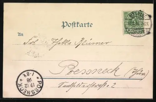 Lithographie Gera, Hauptbahnhof, Hauptpostamt, Zabel'sche höhere Töchterschule, Kirche