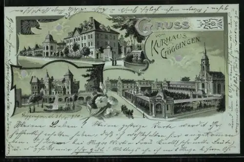 Mondschein-Lithographie Göggingen / Schwaben, Kurhaus, Mehrfachansicht