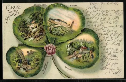 Lithographie Hasserode, Teilansichten vom Ort in einem Kleeblatt