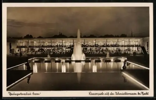 AK Essen, Reichsgartenschau, 1938, Wasserspiele auf den Schmuckterrassen bei Nacht