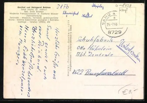 AK Sand / Main, Gasthof-Metzgerei Rebhan, Aussen- und Innenansichten, Ortspanorama