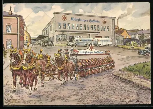 Künstler-AK Würzburg, Pferdegespann vor dem Würzburger Hofbräu