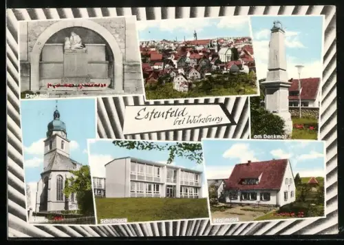 AK Estenfeld bei Würzburg, Denkmal, Kirche, Schulhaus, Pfarrhaus