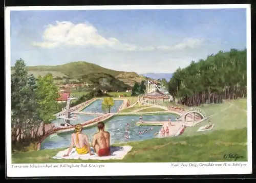 Künstler-AK Bad Kissingen, Terrassen-Schwimmbad am Ballinghain