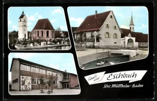 AK Eschbach / Baden, Kirche mit Friedhof, Jesuskreuz, Schule