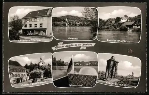 AK Kadelburg am Oberrhein, Gesamtansicht, Kaufhaus Thienger, Pension Rheinblick, Kriegerehrenmal