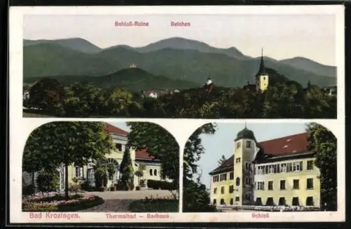 AK Bad Krozingen, Thermalbad-Badhaus, Schloss, Schlossruine und Belchen