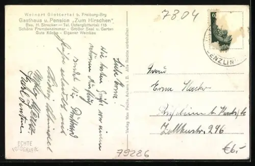 AK Glottertal /Baden, Ortsansicht, Gasthaus-Pension Zum Hirschen H. Strecker