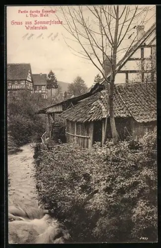 AK Winterstein i. Thür. Wald, Partie durch Emsethal, Fachwerkhäuser, Bach