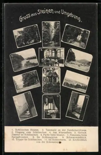 AK Steinen / Baden, Schlösschen, Tannwald an der Kandernerstrasse, Am Wiesenfluss, Kirchenblick