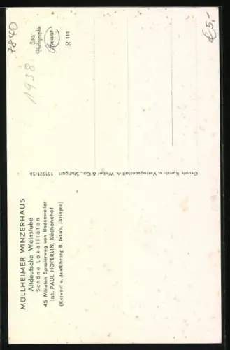 AK Müllheim, Restaurant Winzerhaus, Bes. Paul Höferlin