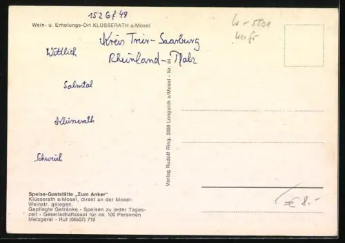 AK Klüsserath a. d. Mosel, Speise-Gaststätte Zum Anker, Moselansicht, Innenräume