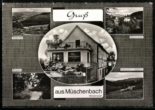 AK Müschenbach /Westerwald, Pension Stockhausen, Nistertal, Brücke