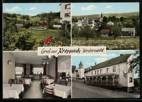 AK Kroppach /Westerwald, Ortsansicht, Gasthof-Pension Metzgerei Hermann Schäfer, Speisesaal