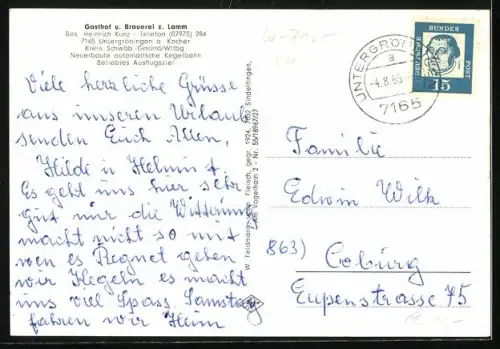 AK Untergröningen /Kocher, Brauerei z. Lamm, Gasthaus, Kegelbahn, Gästehaus, Bes. Heinrich Kunz