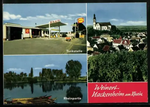 AK Nackenheim am Rhein, Tankstelle, Kirche, Rheinpartie