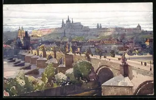 Künstler-AK Prag, Ortsansicht mit Brücke