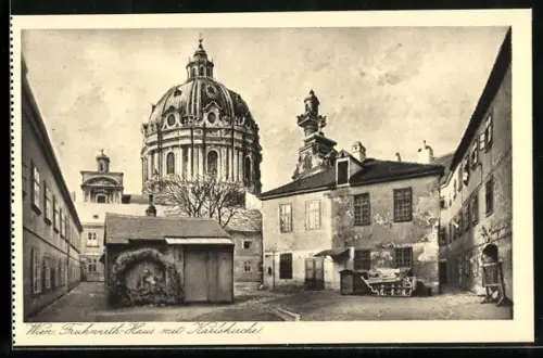 AK Wien IV, Fruhwirth-Haus mit der Karlskirche