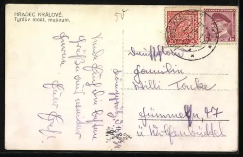 AK Hradec Kralove, Museum mit Brücke aus der Vogelschau