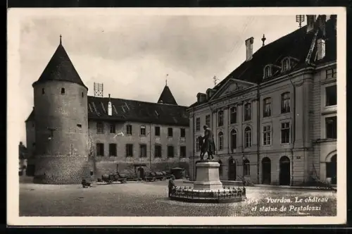 AK Yverdon, Le chateau et statue de Pestalozzi