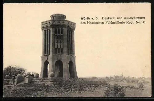 AK Wörth a. S., Denkmal u. Aussichtsturm des Hess. Feldartillerie Regt. No. 11, mit Ortspanorama