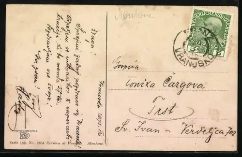 Künstler-AK Photochromie Nr. 2654: Riviera di Ponente, Mentone, Ortsansicht im Frühling