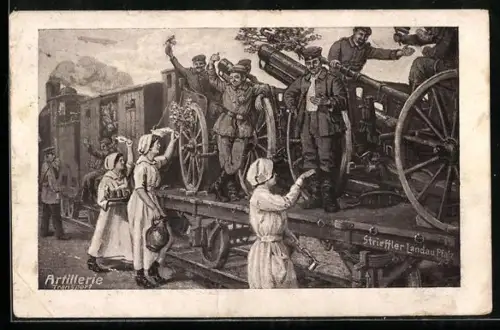 Künstler-AK Artillerie-Tansport, Militärbahn