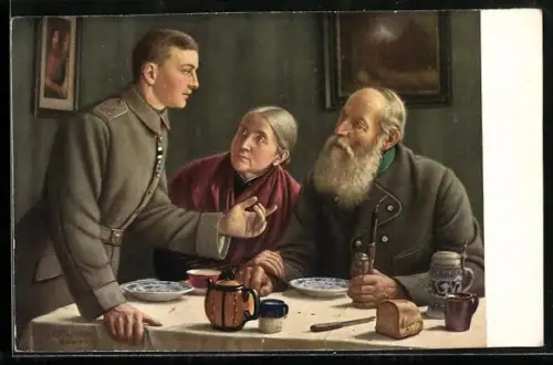 Künstler-AK Wie ich das Eisernes Kreuz gewann, Feldgrauer und Eltern