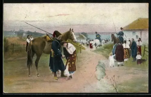 AK russischer Reiter mit weinender Frau, Dorfbevölkerung