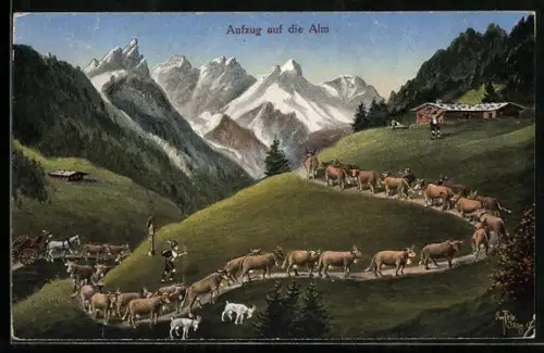 Künstler-AK Eugen Felle: Aufzug auf die Alm, Kuhherde