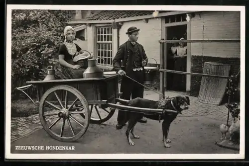 AK Zeeuwsche Hondenkar, Hundewagen mit Bauern in Tracht