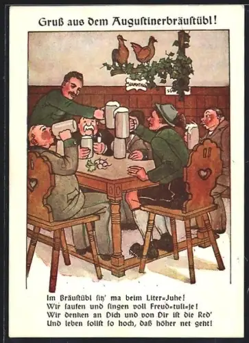 Künstler-AK Salzburg, Gasthaus Augustinerbräustübl, Gäste im Schankraum beim Anstossen, Grusskarte