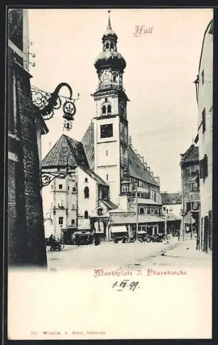 AK Hall, Ortspartie am Marktplatz mit Pfarrkirche