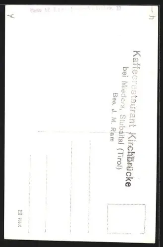 AK Mieders in Tirol, Kaffee-Restaurant Kirchbrücke J. M. Ram mit Brücke u. Bergpanorama