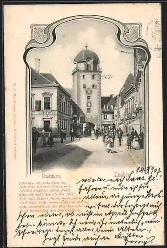 AK Leoben, Hotel Mohr und Stadtturm, Strassenpartie