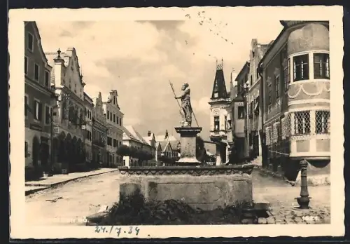 AK Neufelden /O. Ö., Platz mit Figurenbrunnen, Panorama