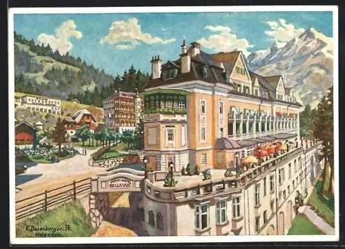Künstler-AK Badgastein, Parkhotel Bellevue L. Wührer mit Terrasse aus der Vogelschau, Panorama