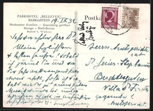 Künstler-AK Badgastein, Parkhotel Bellevue L. Wührer mit Terrasse aus der Vogelschau, Panorama