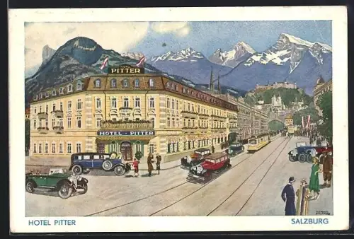 Künstler-AK Salzburg, Strassenbahn am Hotel Pitter