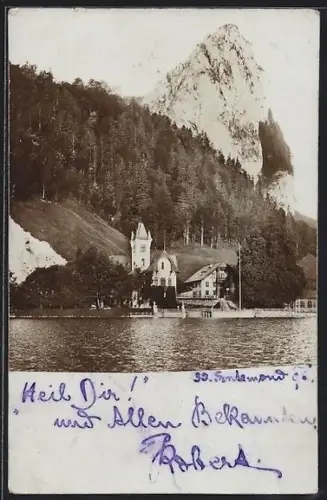 AK St. Lorenz /Mondsee, Plomberg, vom Wasser gesehen, Turmgebäude