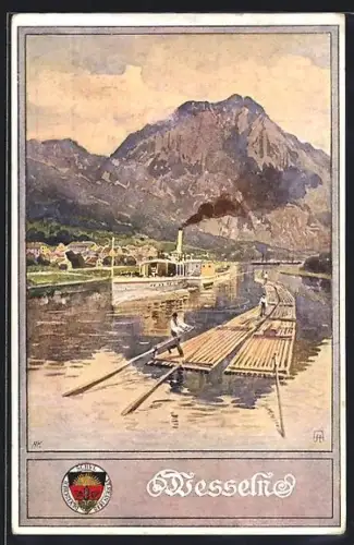 Künstler-AK Deutscher Schulverein Nr. 226: Wesseln, Teilansicht mit Dampfer und Flösser