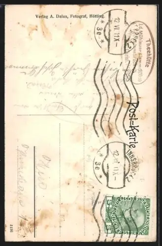 AK Innsbruck, Mühlauerklamm, Thee-Hütte mit Gästen